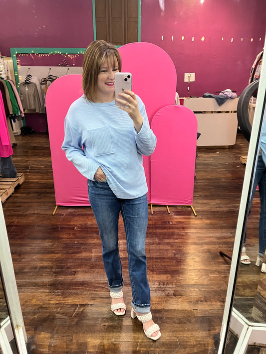 Long Sleeve Textured Top - Baby Blue