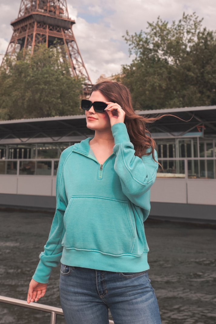 Carly Hooded Quarter Zip Pullover - Turquoise