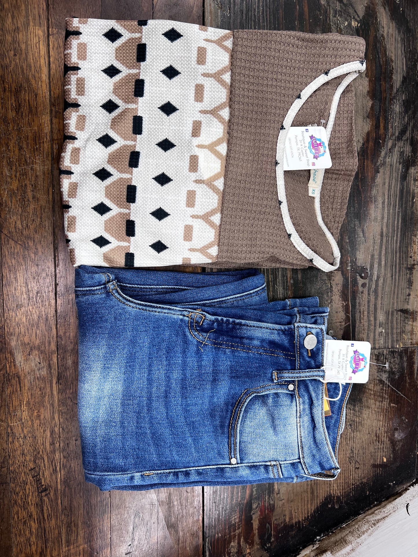Taupe Waffle Knit Top with Aztec - Regular and Plus