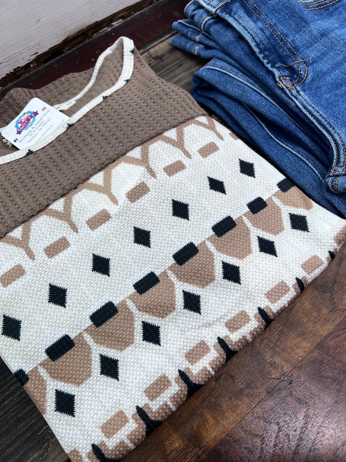 Taupe Waffle Knit Top with Aztec - Regular and Plus
