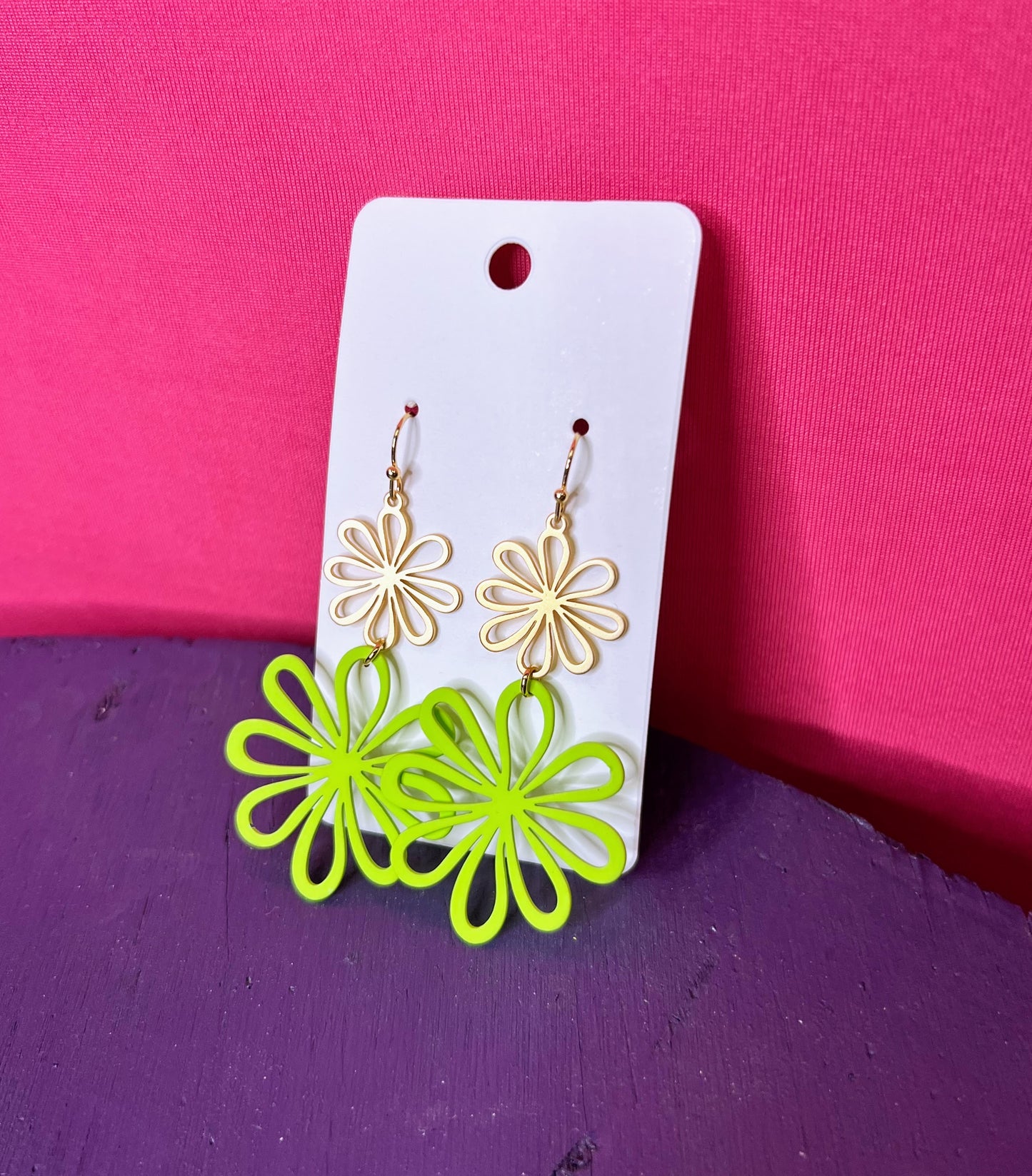 Neon Green Flower Drop Earrings