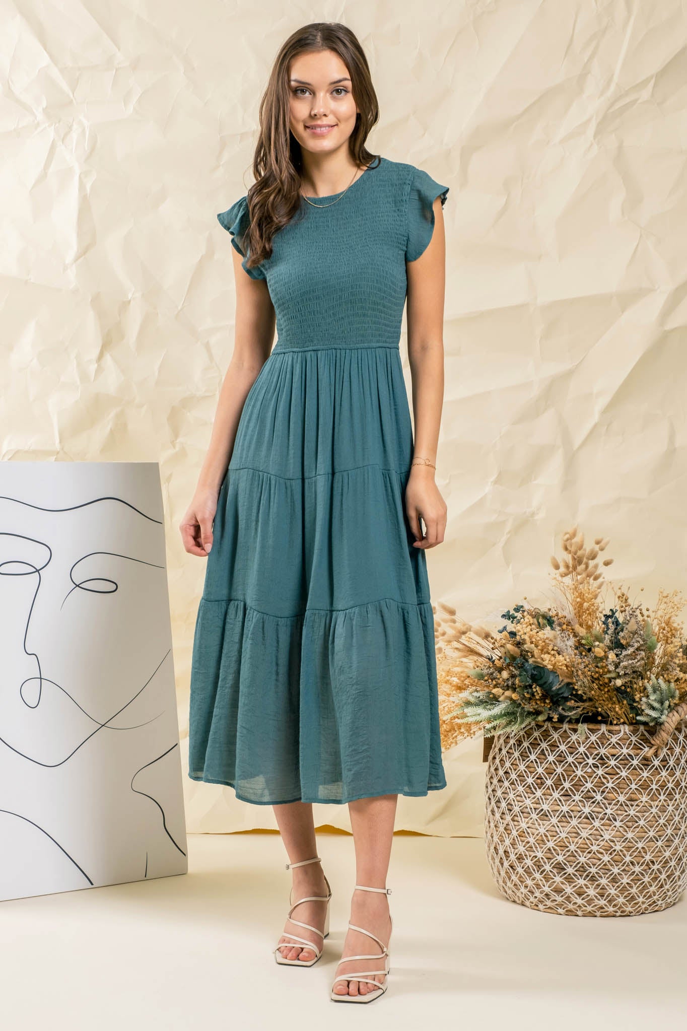 Smocked Tiered Midi Dress - Teal - Regular and Plus