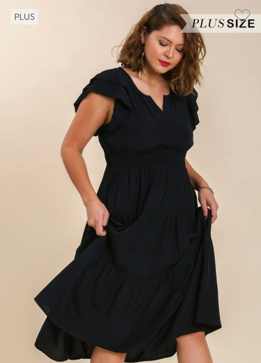 Black Ruffle Midi Dress - Regular and Plus