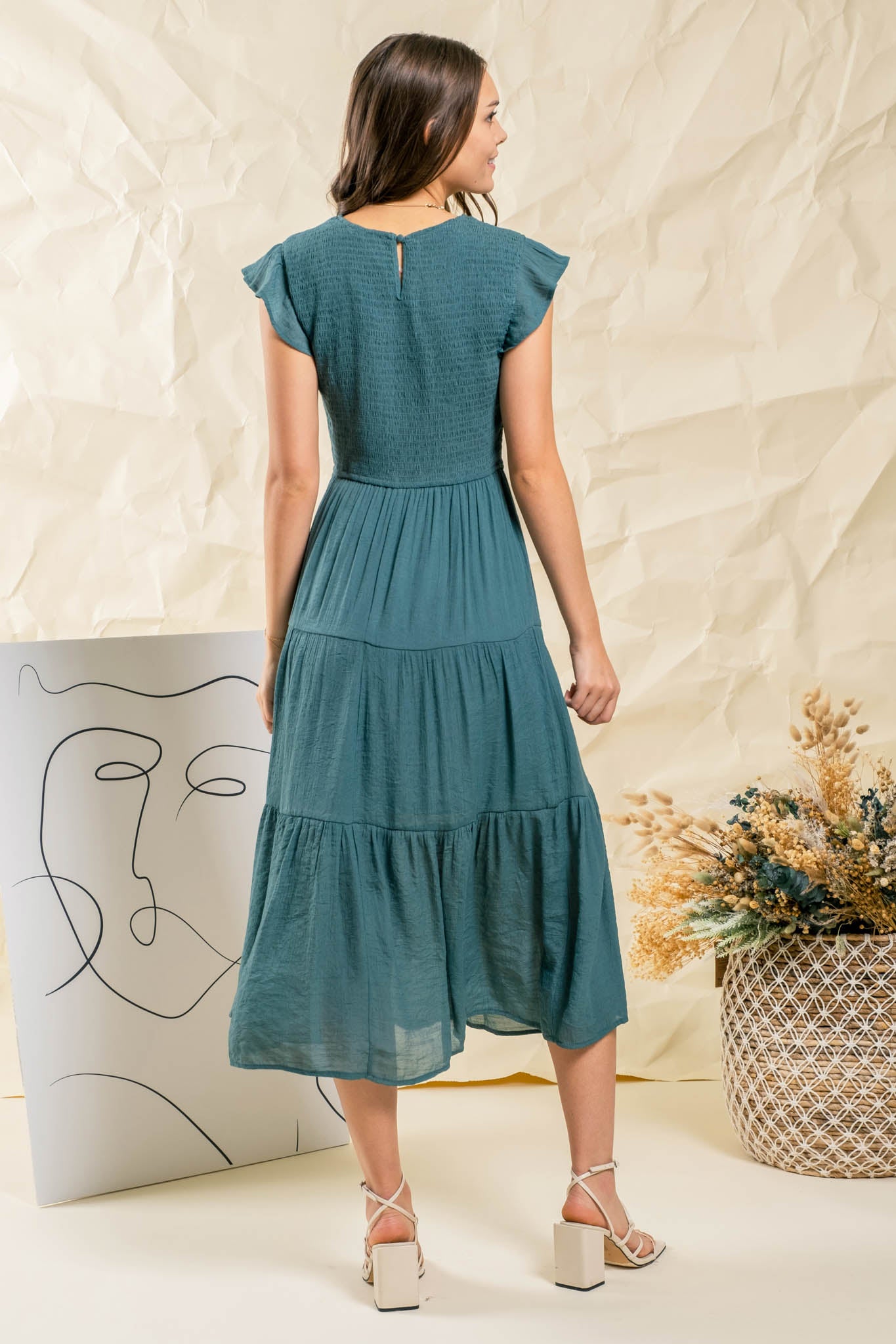 Smocked Tiered Midi Dress - Teal - Regular and Plus